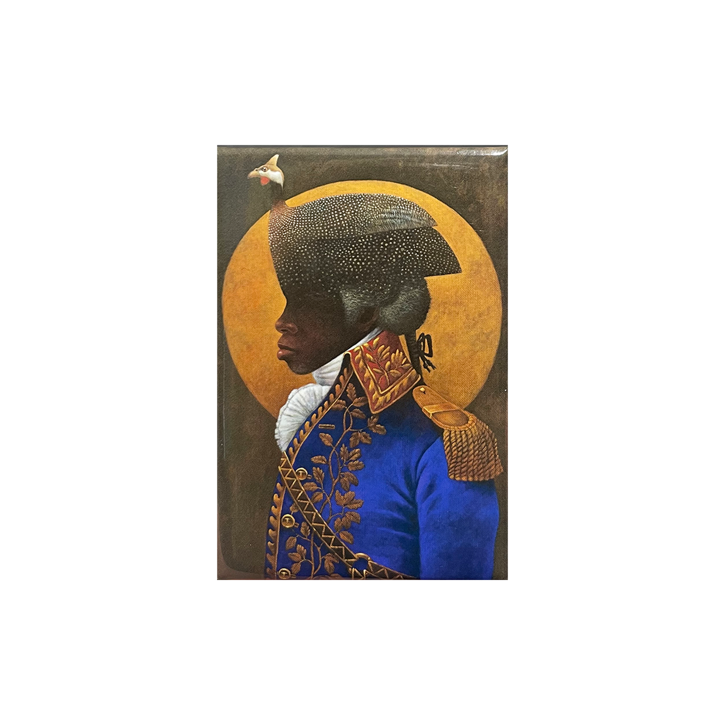 A laminated fridge magnet featuring a portrait of Toussaint L'Ouverture, a Haitian general, in a blue uniform with gold accents against a dark background.