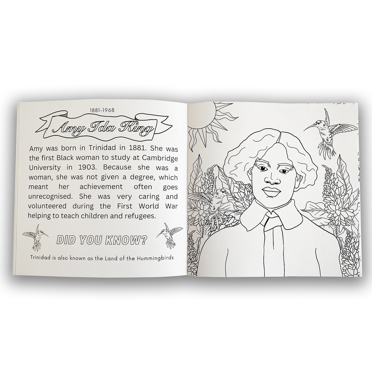 Page from Cambridge Black History Colouring Book by Selena Scott