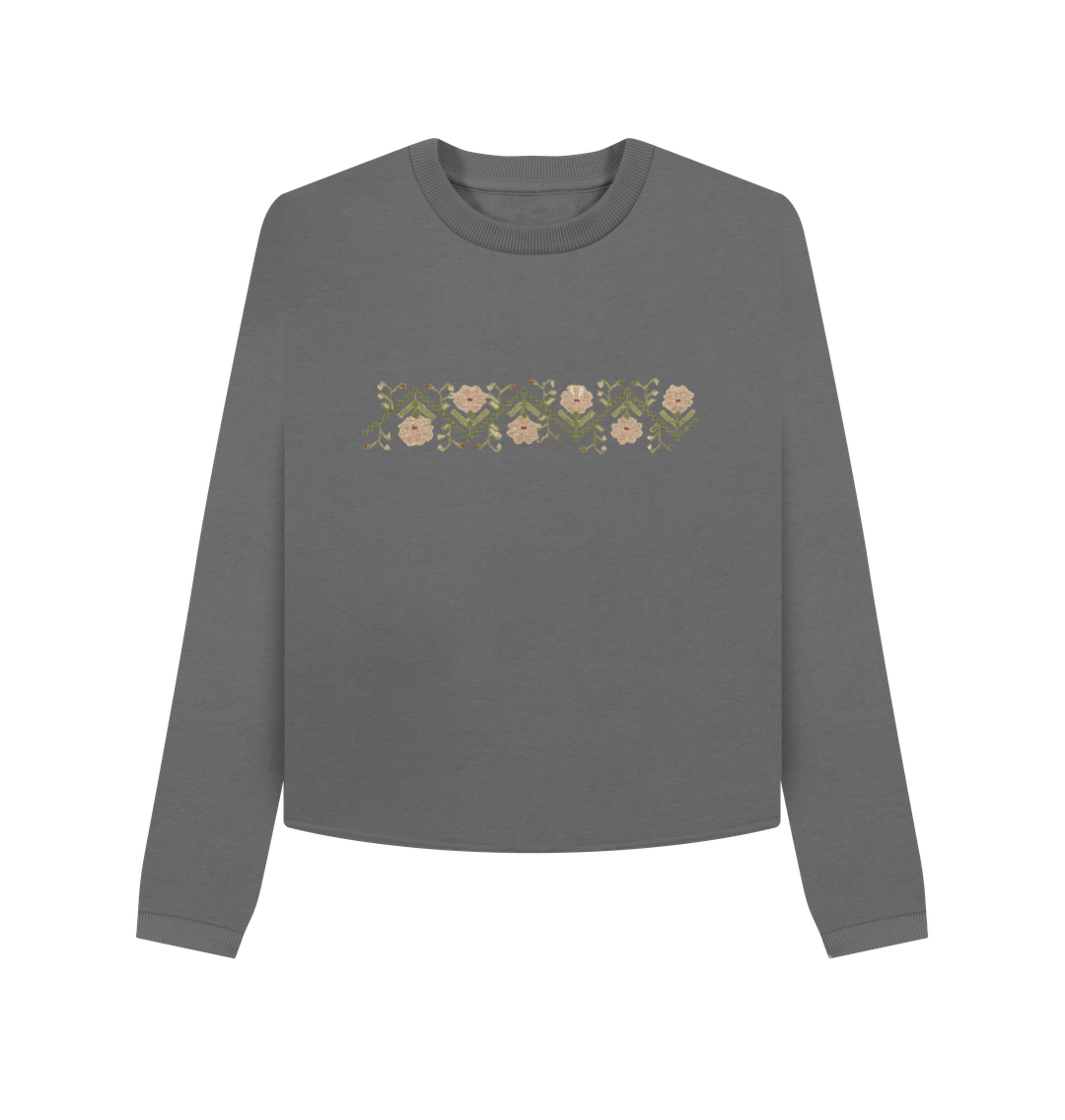 Slate Grey Women's Sampler Flower Band, Cropped Crew Neck sweater