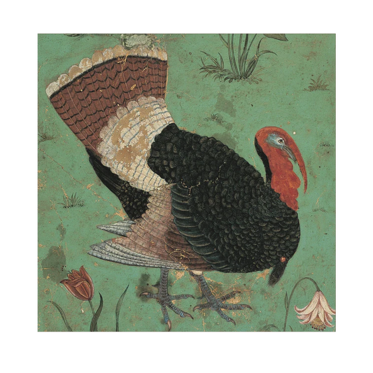 A Christmas card featuring a detailed illustration of a turkey from a miniature painting.