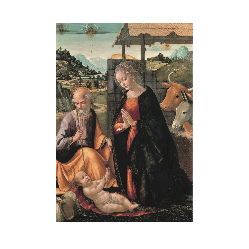 A Christmas card featuring the nativity scene painting by Domenico Ghirlandaio.