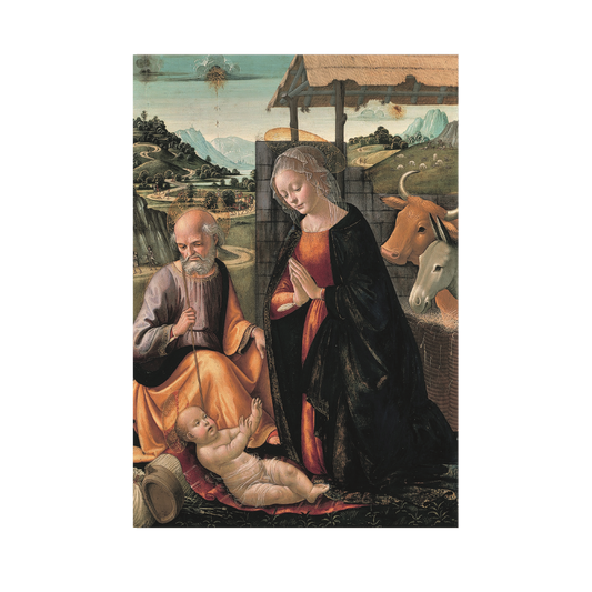 A Christmas card featuring the nativity scene painting by Domenico Ghirlandaio.