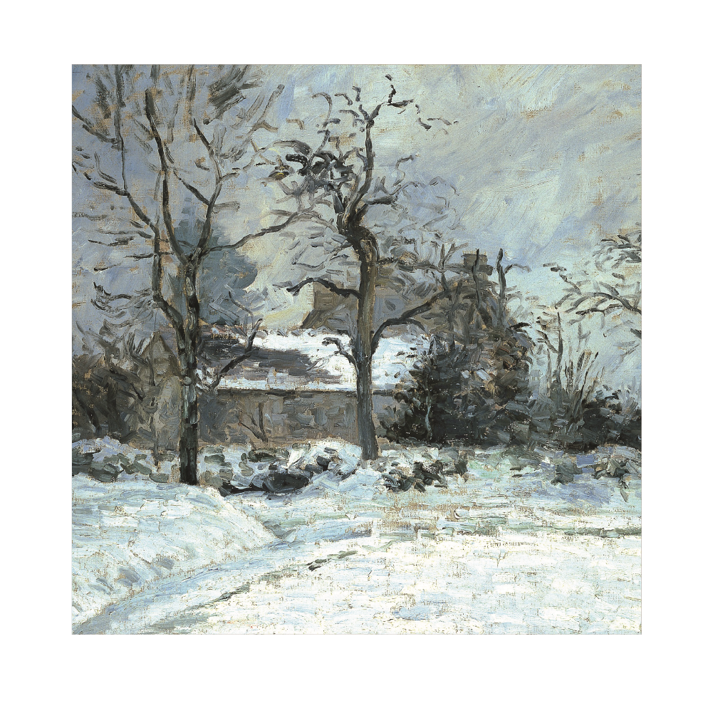 A Christmas card featuring a fine winter landscape painting by Camille Pissarro, depicting a house covered in snow, trees without leaves, and a grey sky.