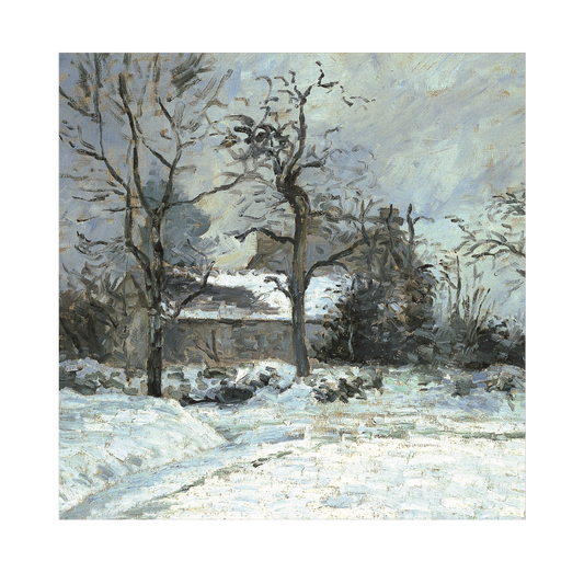A Christmas card featuring a fine winter landscape painting by Camille Pissarro, depicting a house covered in snow, trees without leaves, and a grey sky.