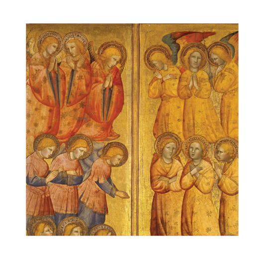 A Christmas card pack featuring a detail of a panel painting depicting St Peter and St Paul with angels, primarily in orange and gold colors.