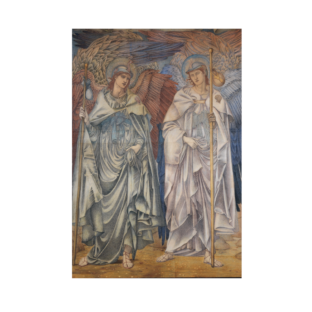 A Christmas card featuring artwork by Edward Burne-Jones, depicting two angels with detailed robes and wings, set against a golden background.