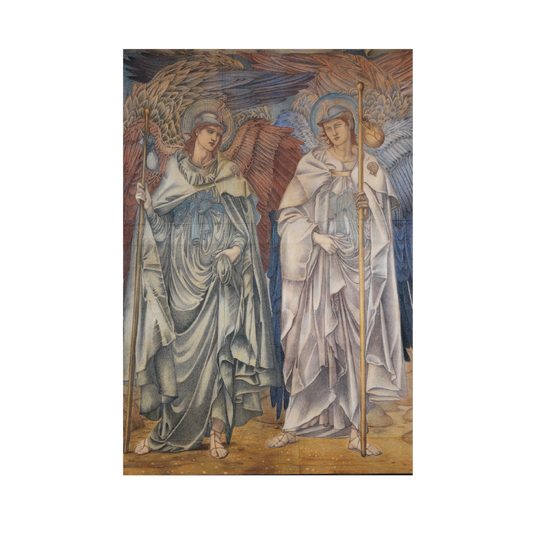 A Christmas card featuring artwork by Edward Burne-Jones, depicting two angels with detailed robes and wings, set against a golden background.