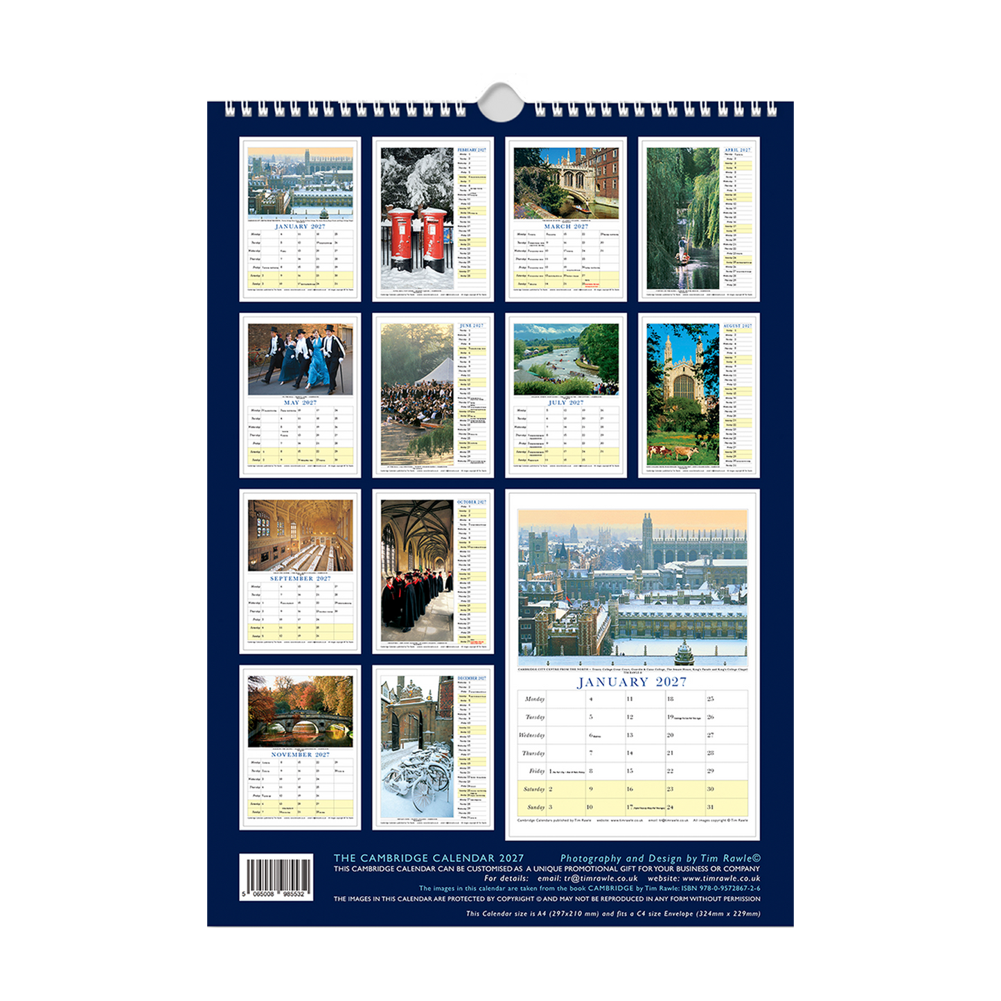Wall calendar with images of Cambridge through the year, on a white background