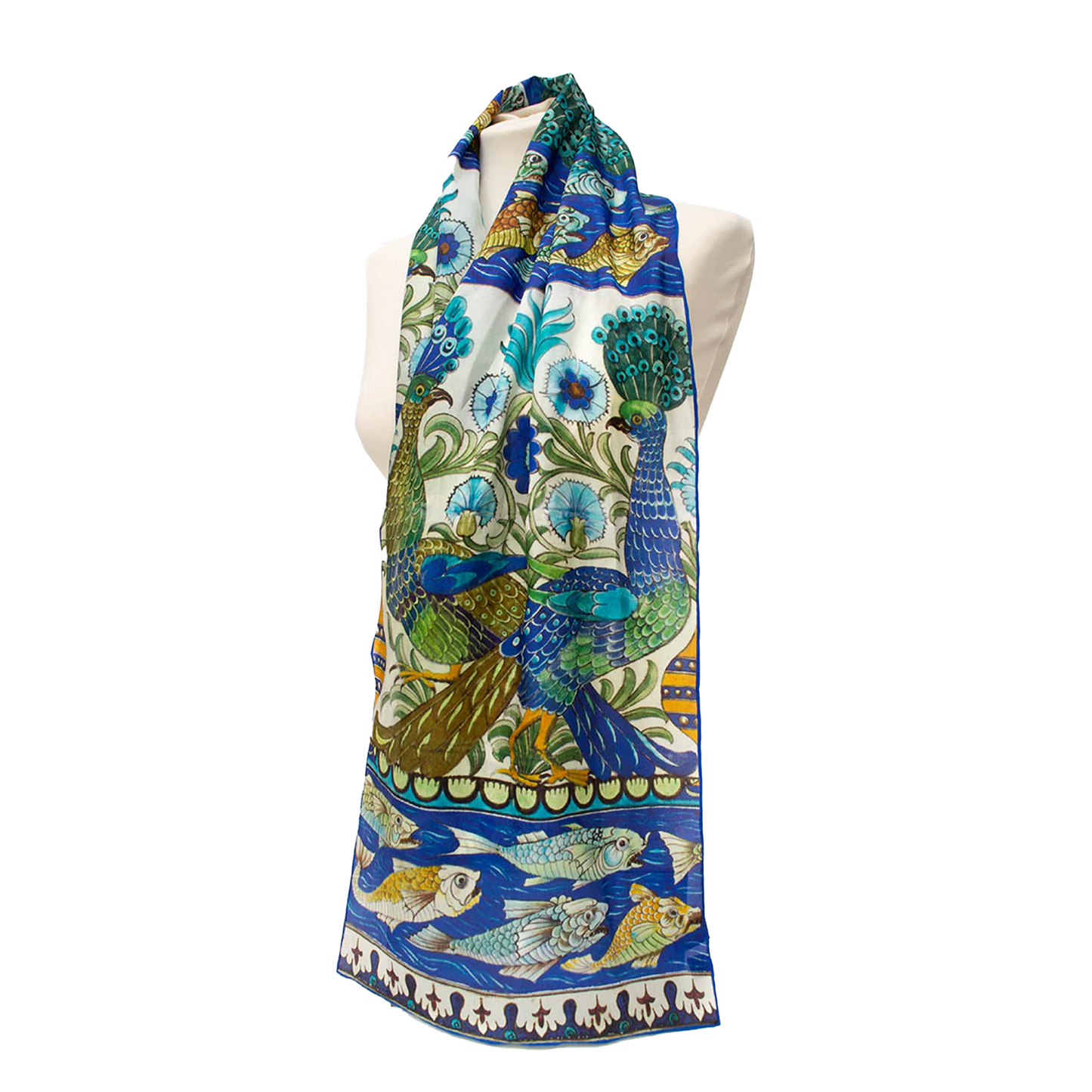 De Morgan Peacock Tiles - Habotai silk scarf