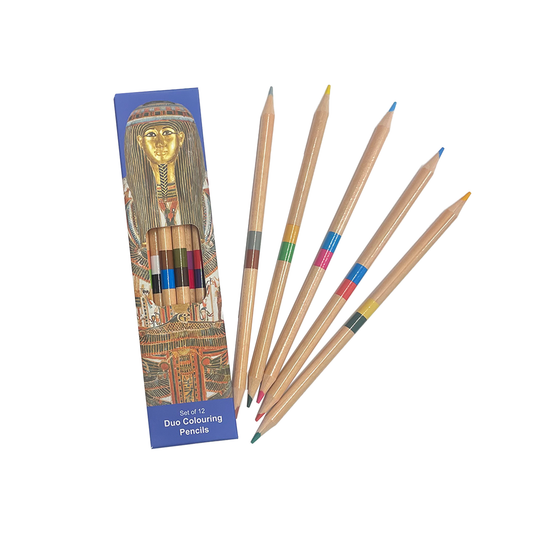Set of 12 Duo Colouring Pencils with packaging featuring an Egyptian design.