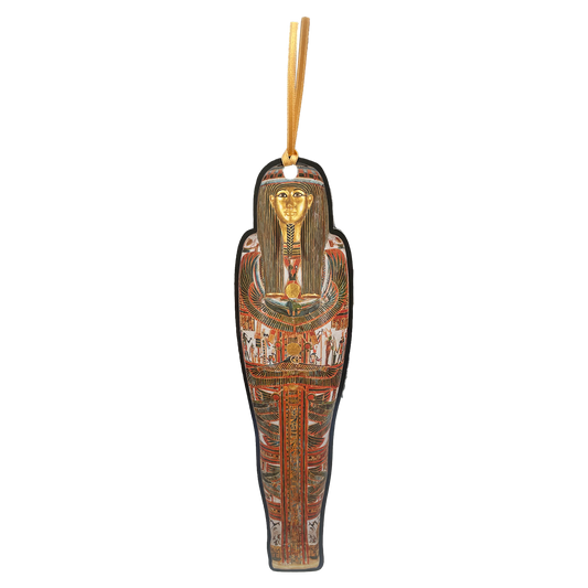 Decorative egyptian sarcophagus bookmark with gold ribbon.