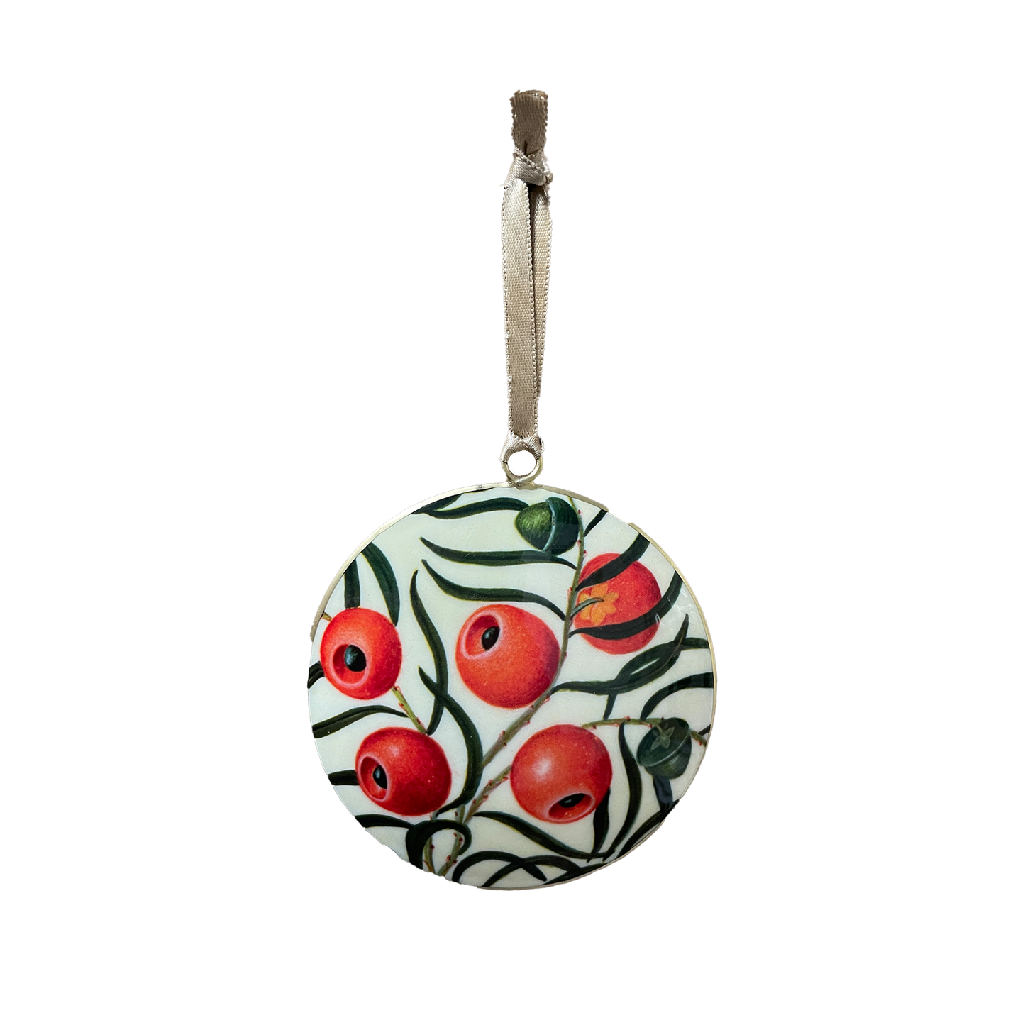 Decorative circular Christmas ornament with red yew berries and green leaves on a white background