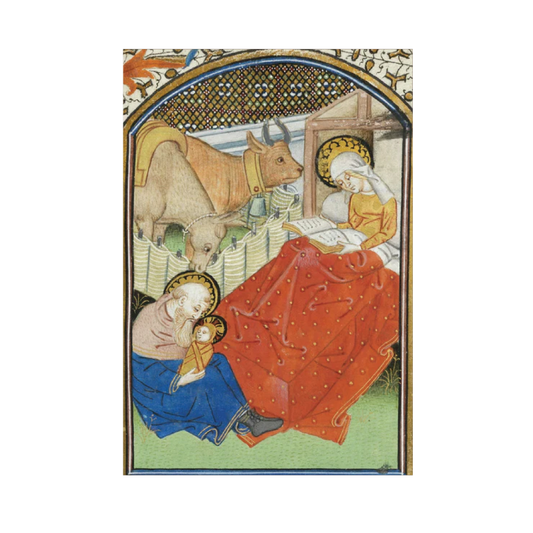 A Christmas card featuring an illustration of the Virgin Mary reading, with Joseph attending to baby Jesus, set against a medieval backdrop with animals.