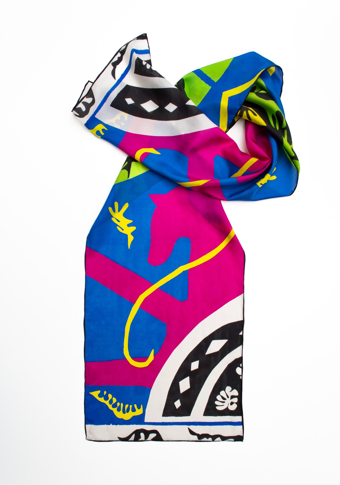 Colorful scarf with abstract design on a white background. Pink horses by Matisse, from Jazz.