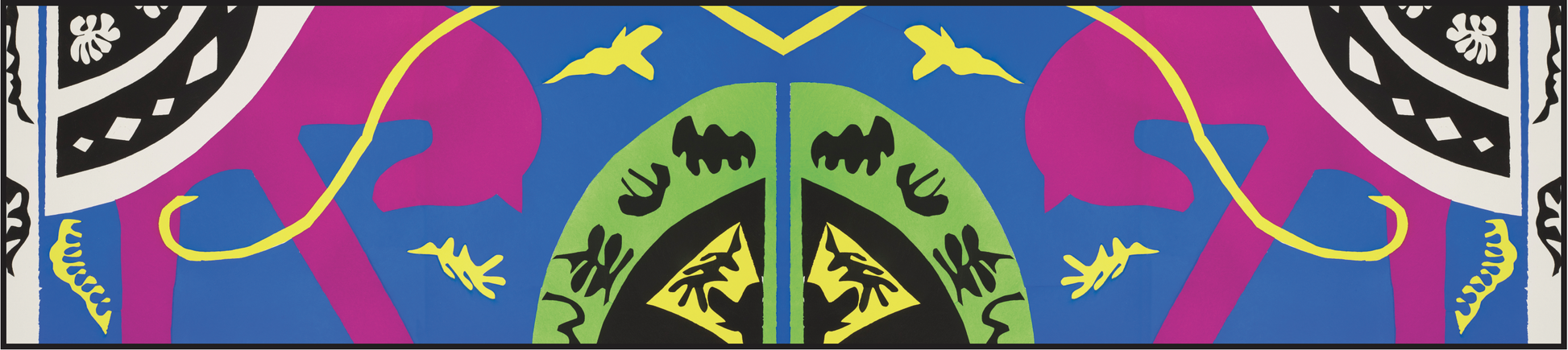 Colorful abstract design with pink horses and geometric shapes on a blue background. By Matisse, from his cut outs in Jazz