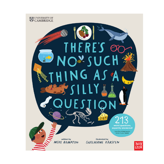 Book cover of 'There's No Such Thing as a Silly Question' featuring a speech bubble with illustrations of diverse topics and a character asking a question.