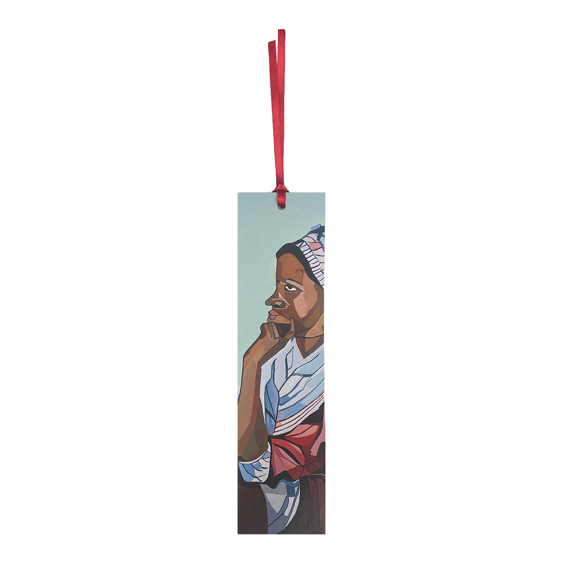 A bookmark featuring a portrait of Phillis Wheatley with a red ribbon for marking pages.