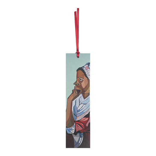 A bookmark featuring a portrait of Phillis Wheatley with a red ribbon for marking pages.