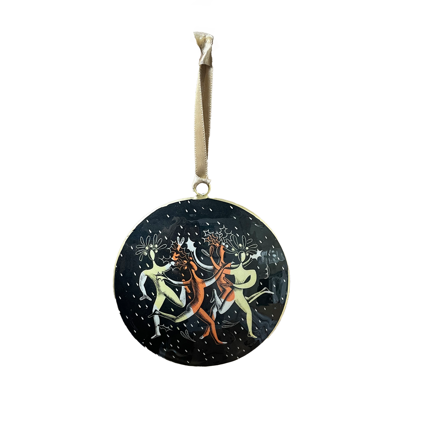 Decorative circular Christmas ornament with dancing figures on a black background, hanging from a pale gold satin ribbon.
