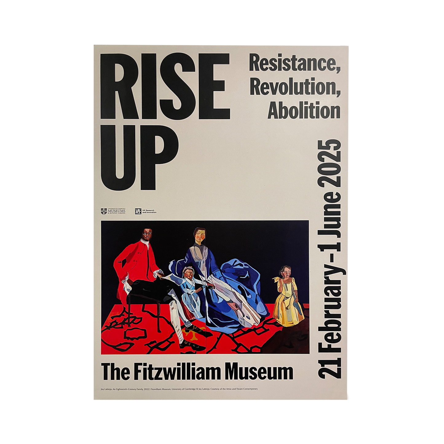 Exhibition poster titled 'Rise Up' featuring a painting by Joy Labinjo, depicting an 18th Century Family, set to accompany a 2025 Fitzwilliam Museum exhibition.