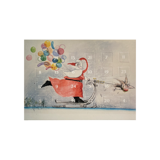 Advent calendar with Santa Claus sledding through the snow, surrounded by colorful balloons.