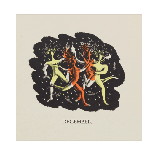 A Christmas card featuring a printed engraving by Eric Ravilious, depicting two figures in a night setting with stars and a full moon. The scene is titled 'December.'