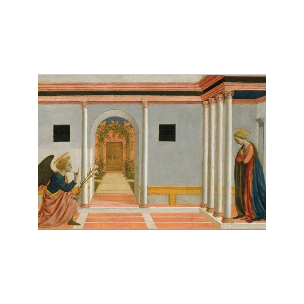 A Christmas card featuring the artwork 'The Annunciation' by Domenico Veneziano, depicting an annunciation scene with two figures in a room.