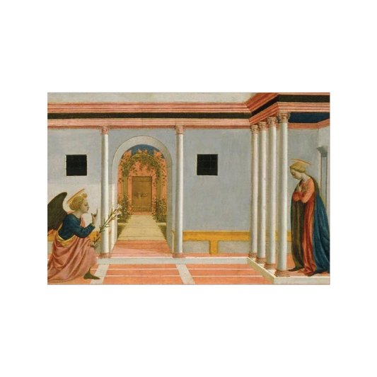 A Christmas card featuring the artwork 'The Annunciation' by Domenico Veneziano, depicting an annunciation scene with two figures in a room.