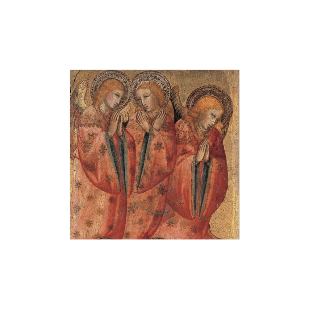 A pack of Christmas cards featuring an image of three angels in vibrant red robes with gold detailing, from the artwork 'Olivuccio di Cicarello, St Peter and St Paul with Angels'.