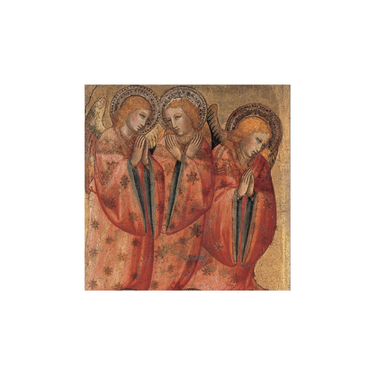 A pack of Christmas cards featuring an image of three angels in vibrant red robes with gold detailing, from the artwork 'Olivuccio di Cicarello, St Peter and St Paul with Angels'.