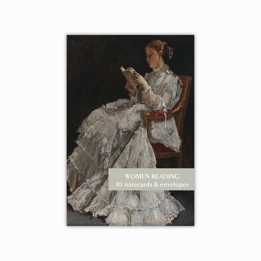 A notecard pack with an illustration of a woman in Victorian-era clothing reading a book.