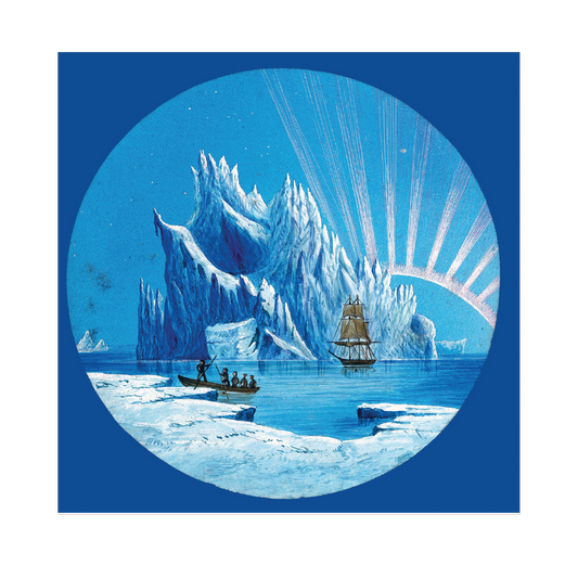 A Christmas card featuring an illustration of icebergs, aurora, and a ship from the British Arctic Expedition, with a blue background.