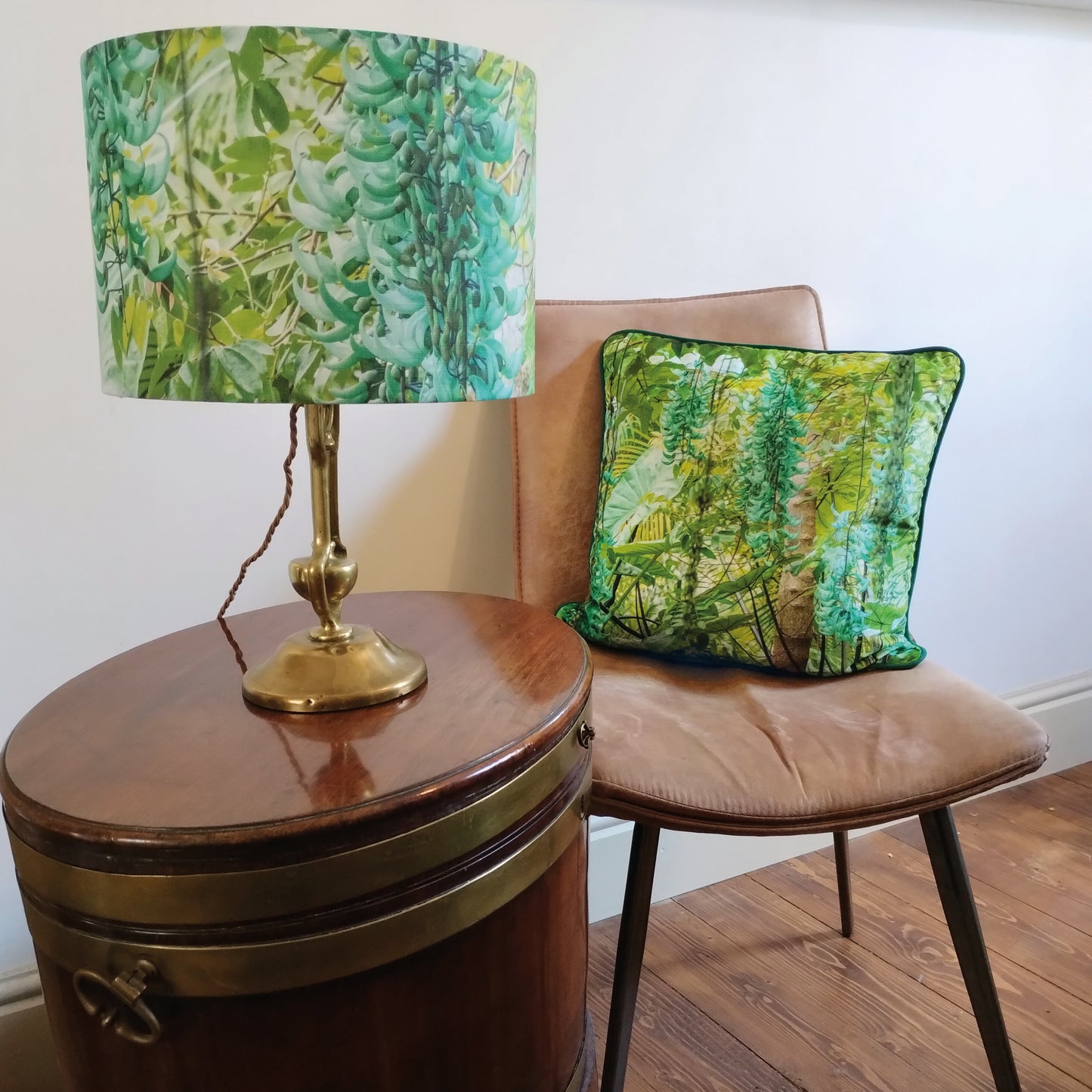 Lampshade with Jade Vine design from the Cambridge University Botanic Gardens in domestic setting.