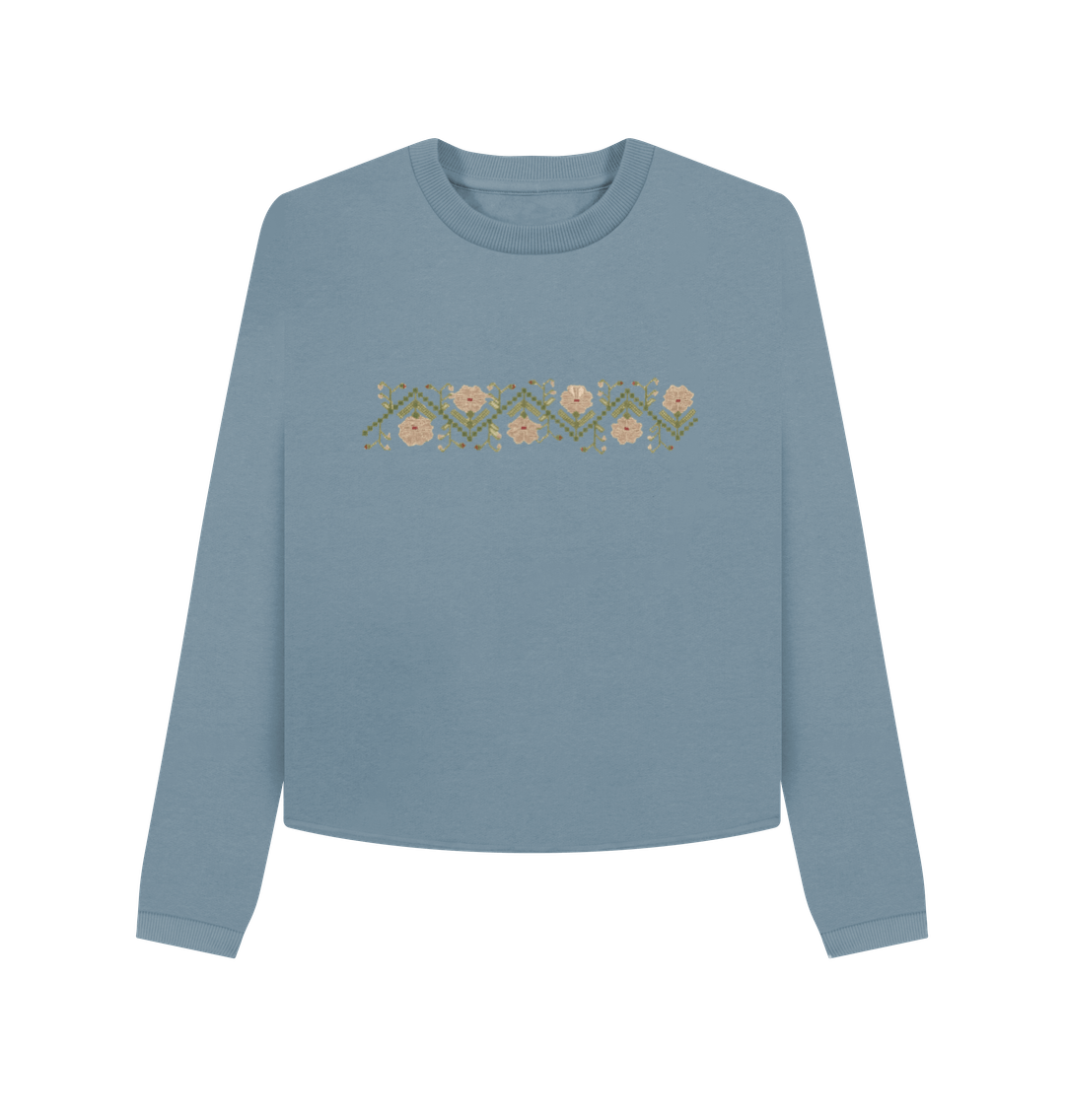Stone Blue Women's Sampler Flower Band, Cropped Crew Neck sweater