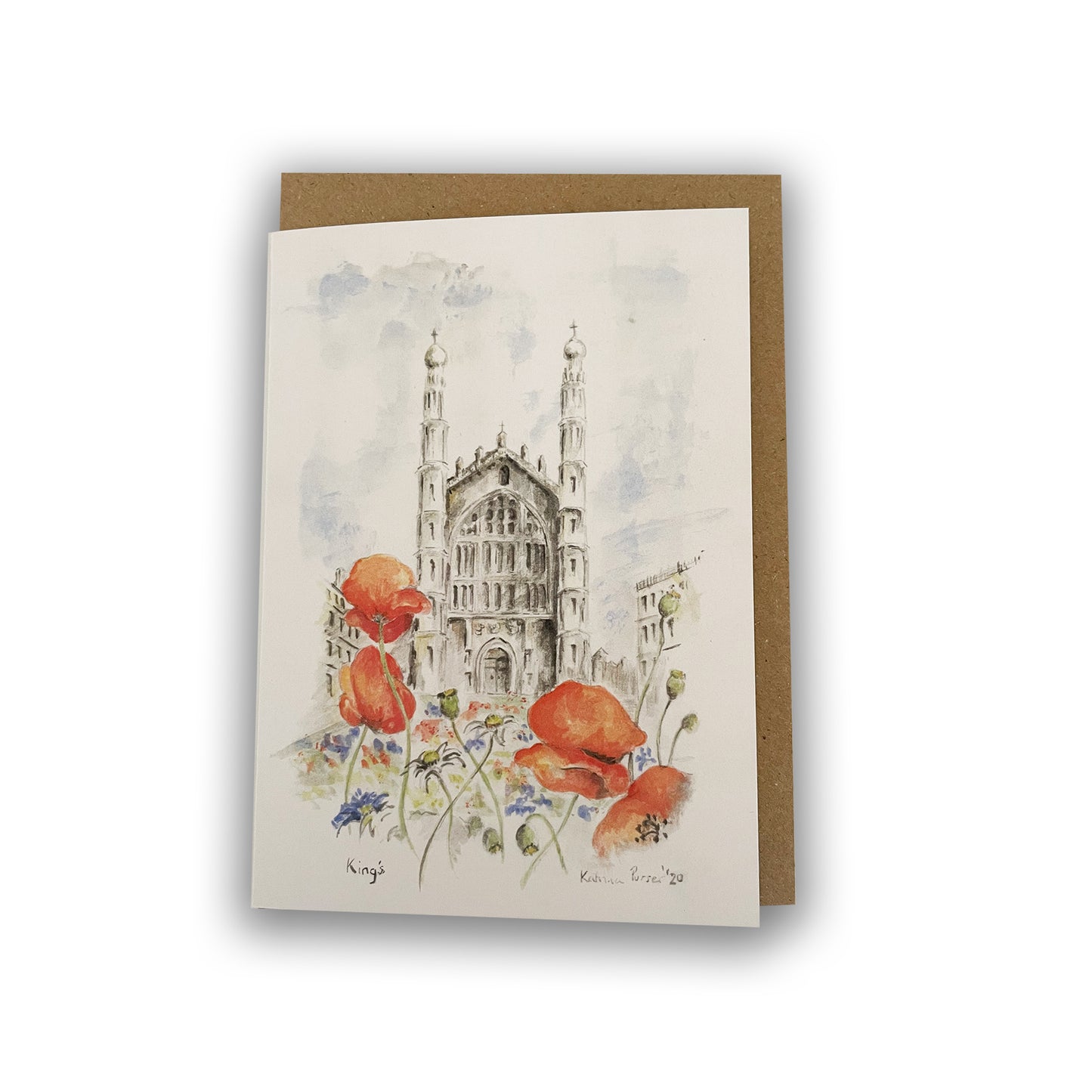 Greetings card with watercolour painting of wild flowers in front of King's College Chapel with brown envelope.