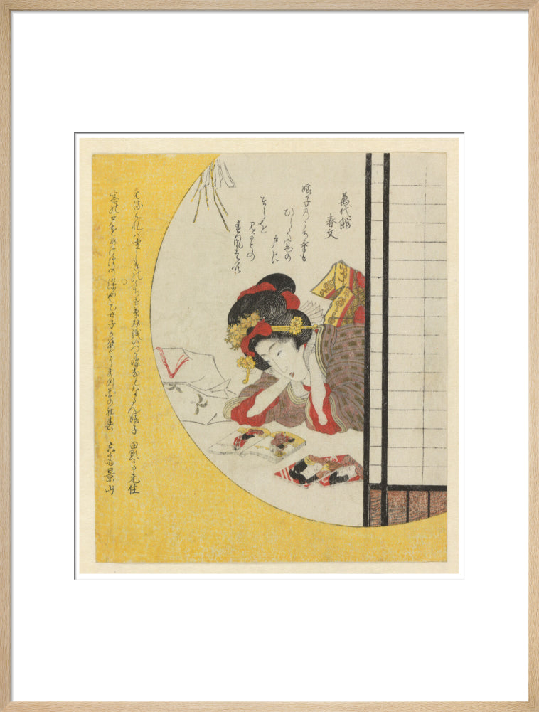 Woman seen through a window gazing at a book of actors - Art print
