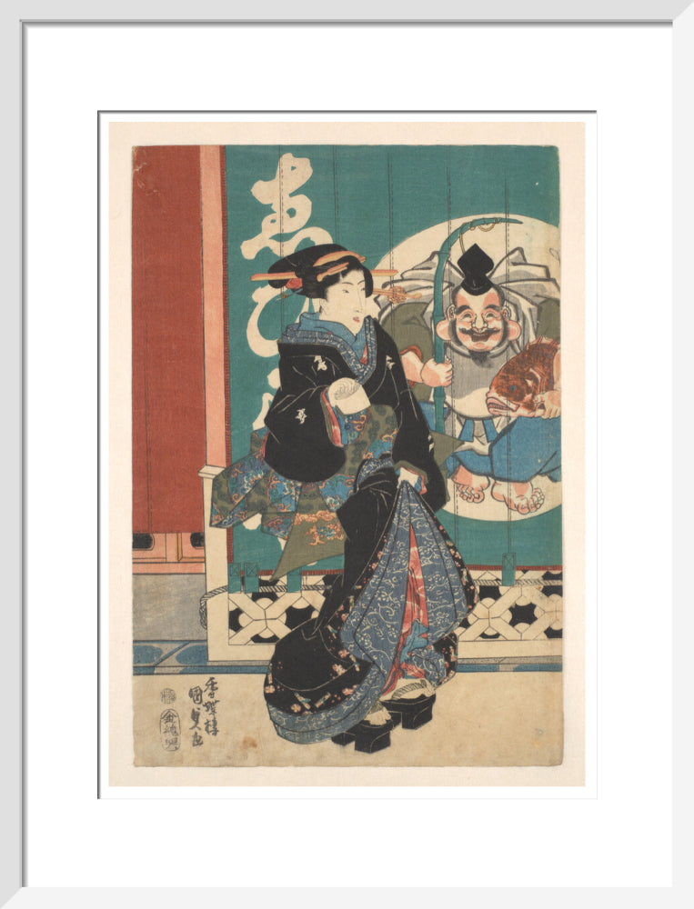 Women promenading in front of the Ebisu-ya shop curtains - Art print