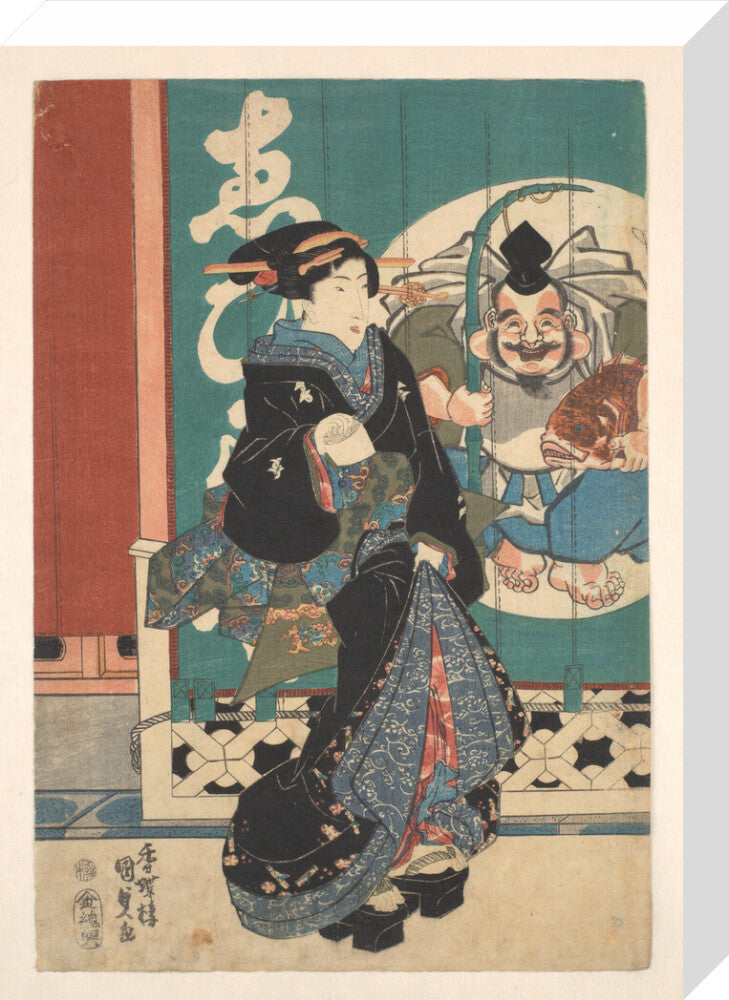 Women promenading in front of the Ebisu-ya shop curtains - Art print