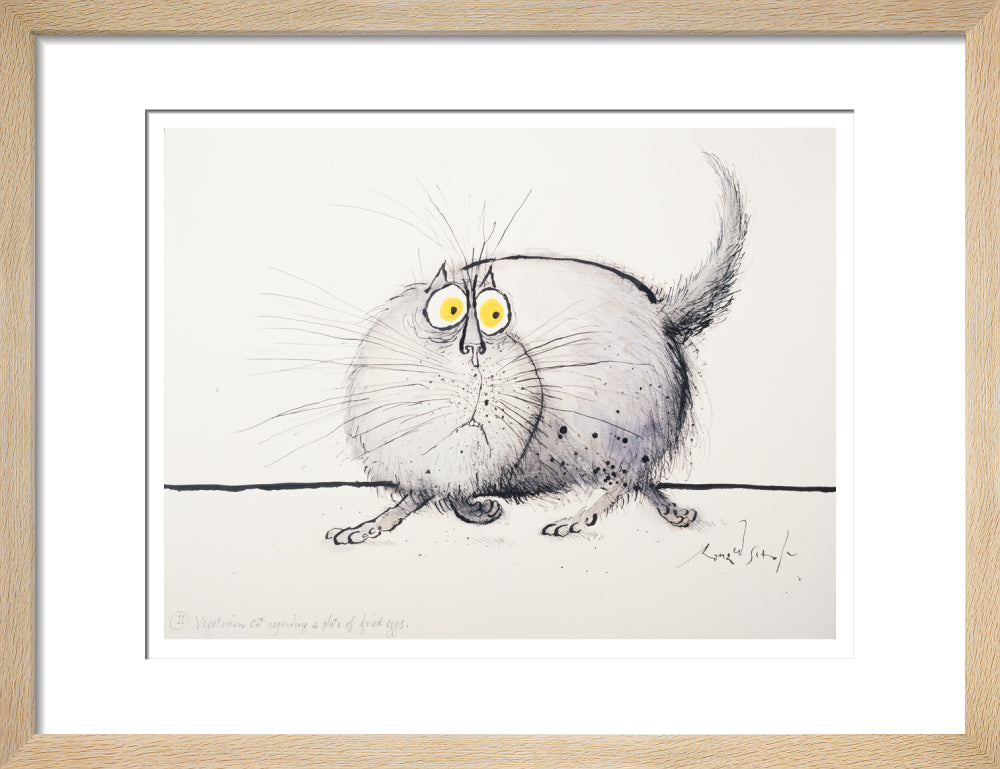 Vegetarian Cat Regarding a Plate of Fried Eggs - Art print