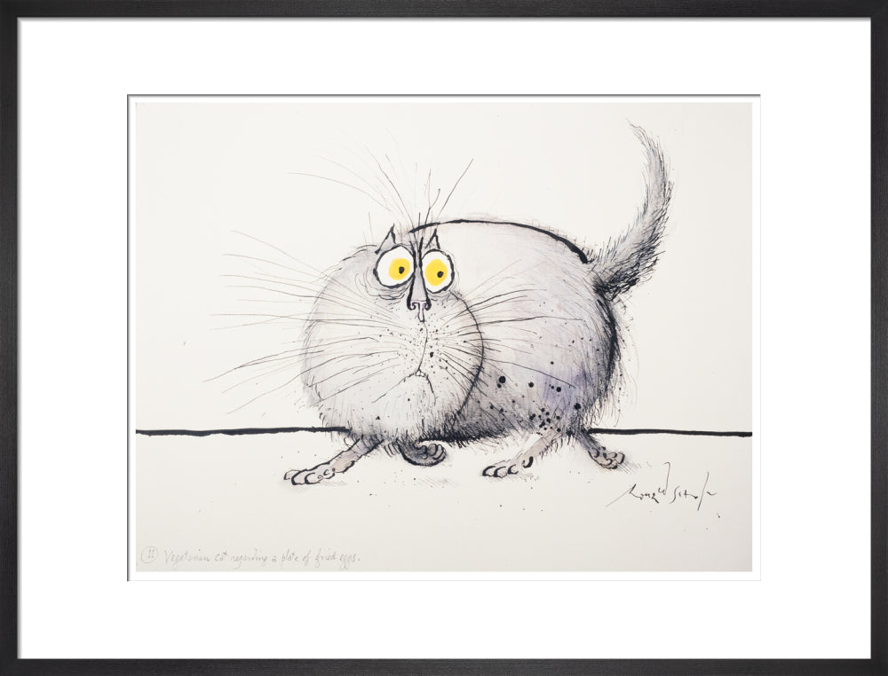 Vegetarian Cat Regarding a Plate of Fried Eggs - Art print