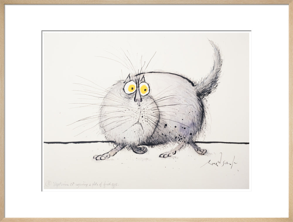 Vegetarian Cat Regarding a Plate of Fried Eggs - Art print