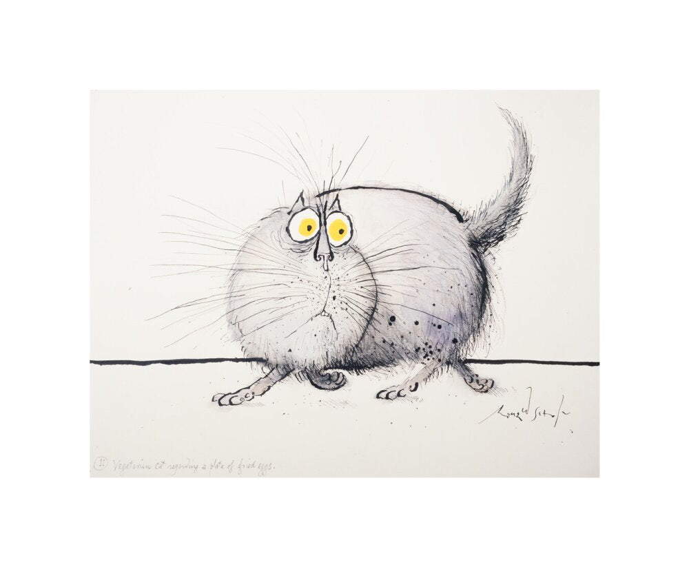 Vegetarian Cat Regarding a Plate of Fried Eggs - Art print