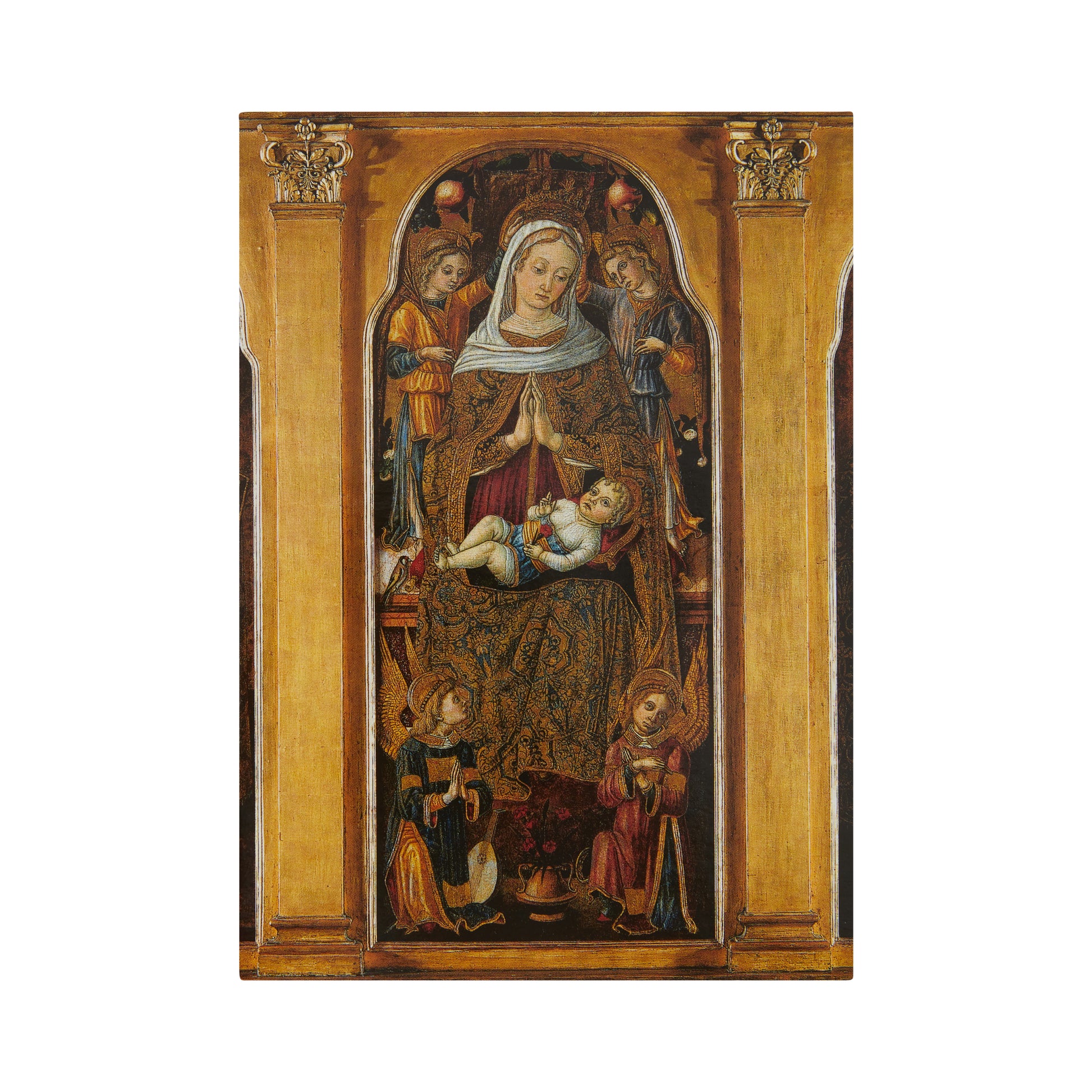 Christmas card, portrait format. Virgin and Chlid, wearing gold, with gold pillars either side. From the collection of the Fitzwilliam Museum.