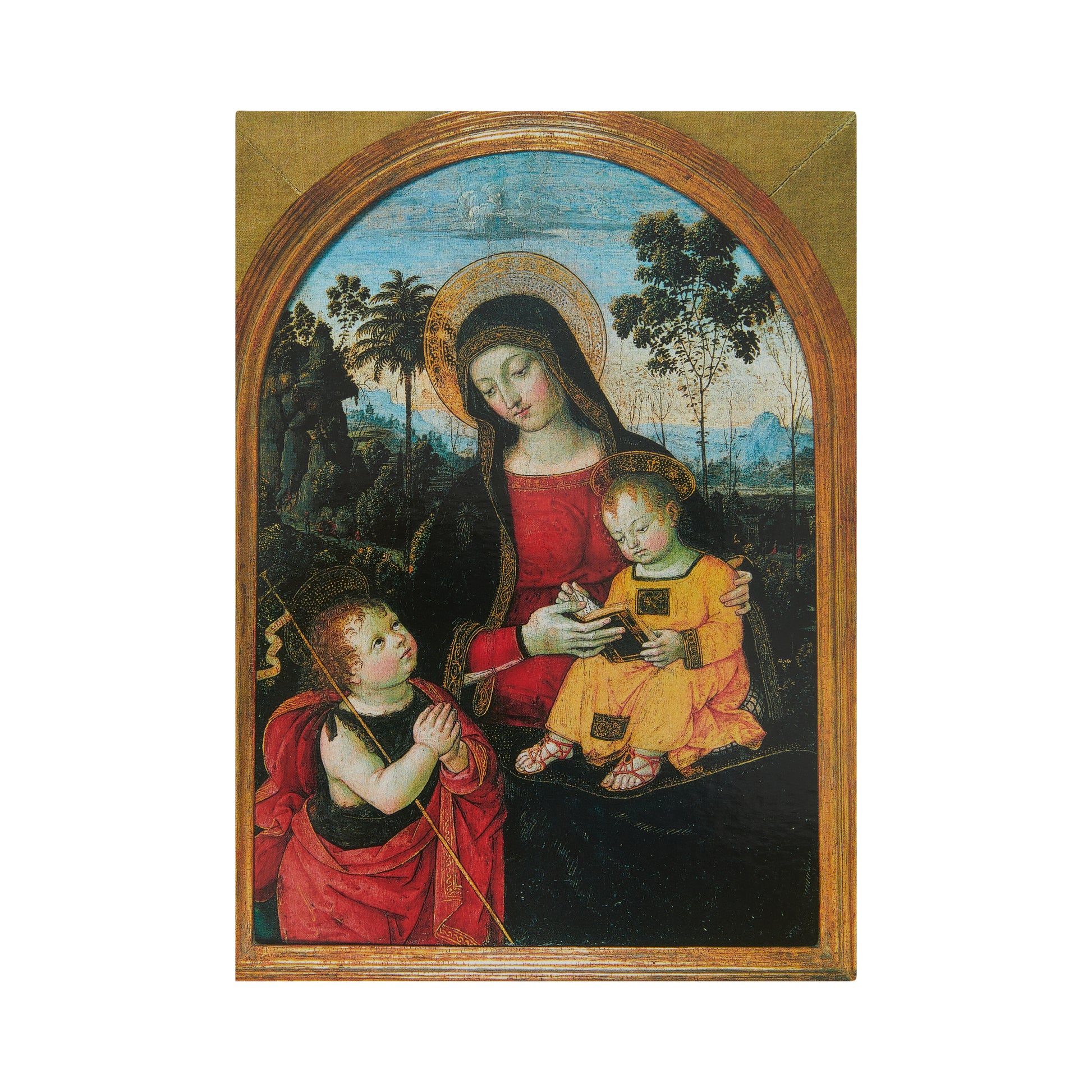 Portrait format Christmas card, Renaissance scene of the Virgin and Child with St John as a young boy. From the collection of The Fitzwilliam Museum.