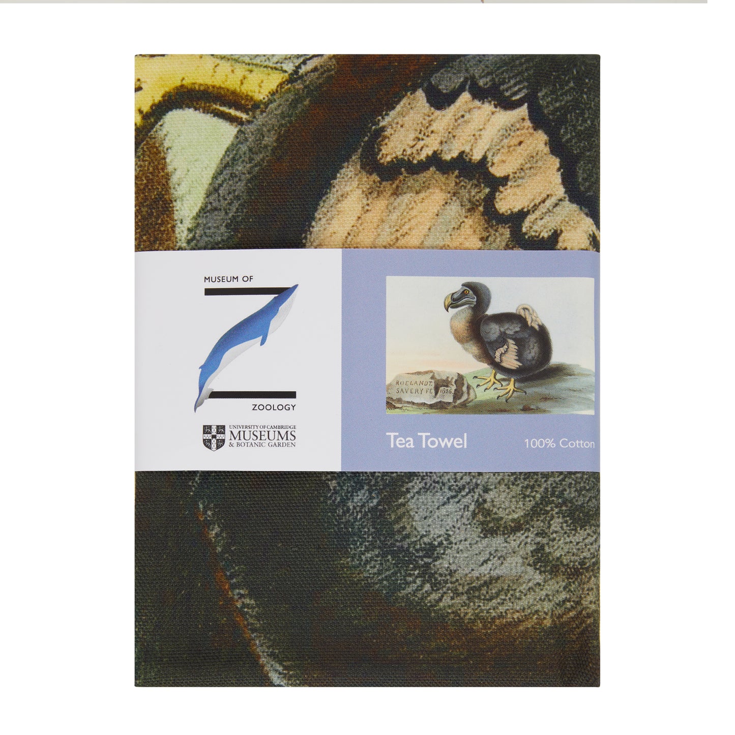 Tea towel with belly band and Museum of Zoology logo. Dodo design by Savery.