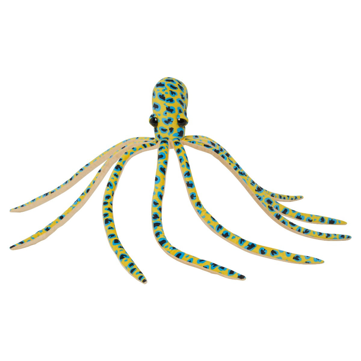 Octopus plush toy - blue ringed black spots on yellow. Plastic eyes.
