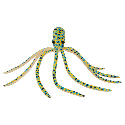 Octopus plush toy - blue ringed black spots on yellow. Plastic eyes.