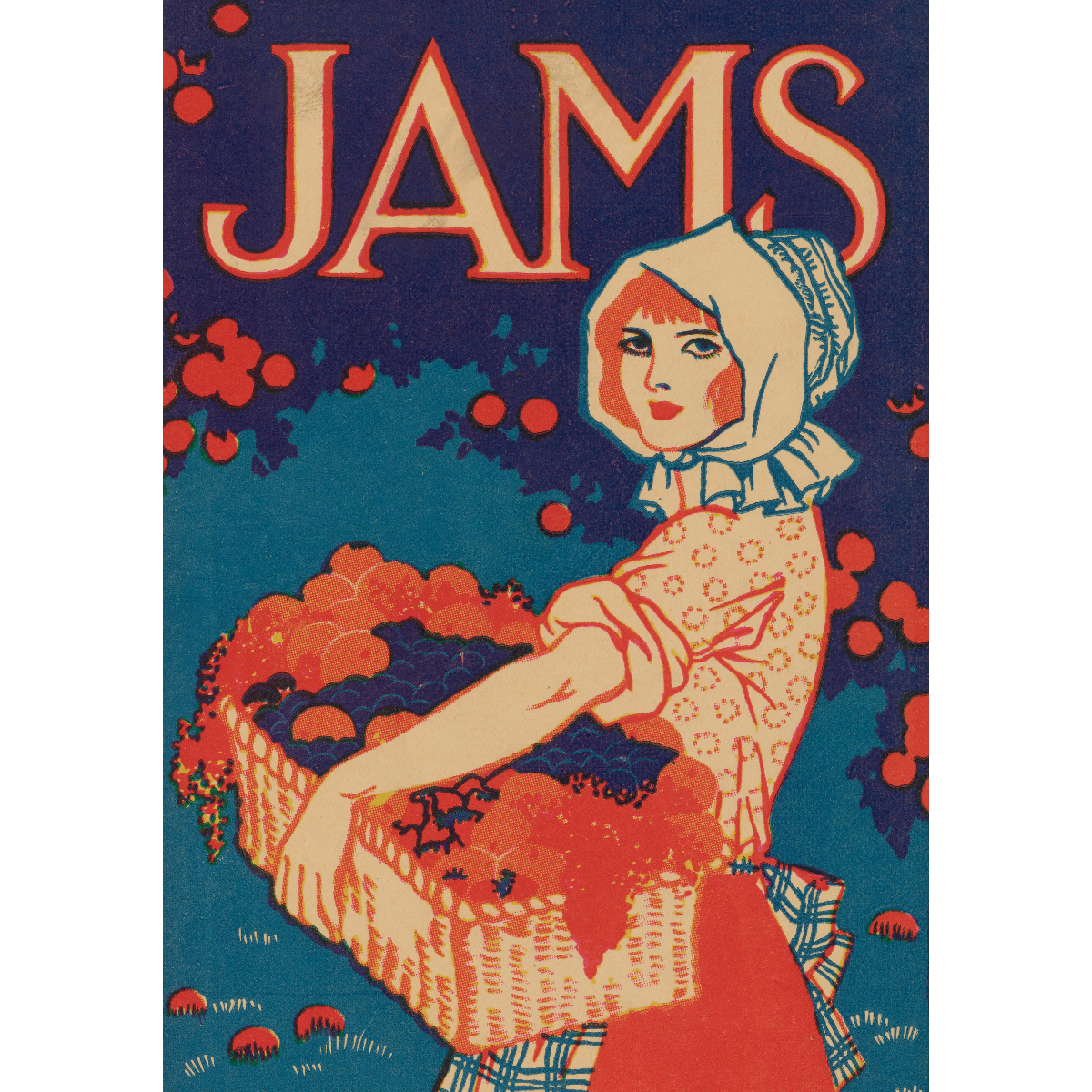 Greeting card - portrait format. Cover illustrations from Jams, with blue and red image of a young woman with a basket of fruit. From the collection of Cambridge University Library, brought to you by CuratingCambridge.com