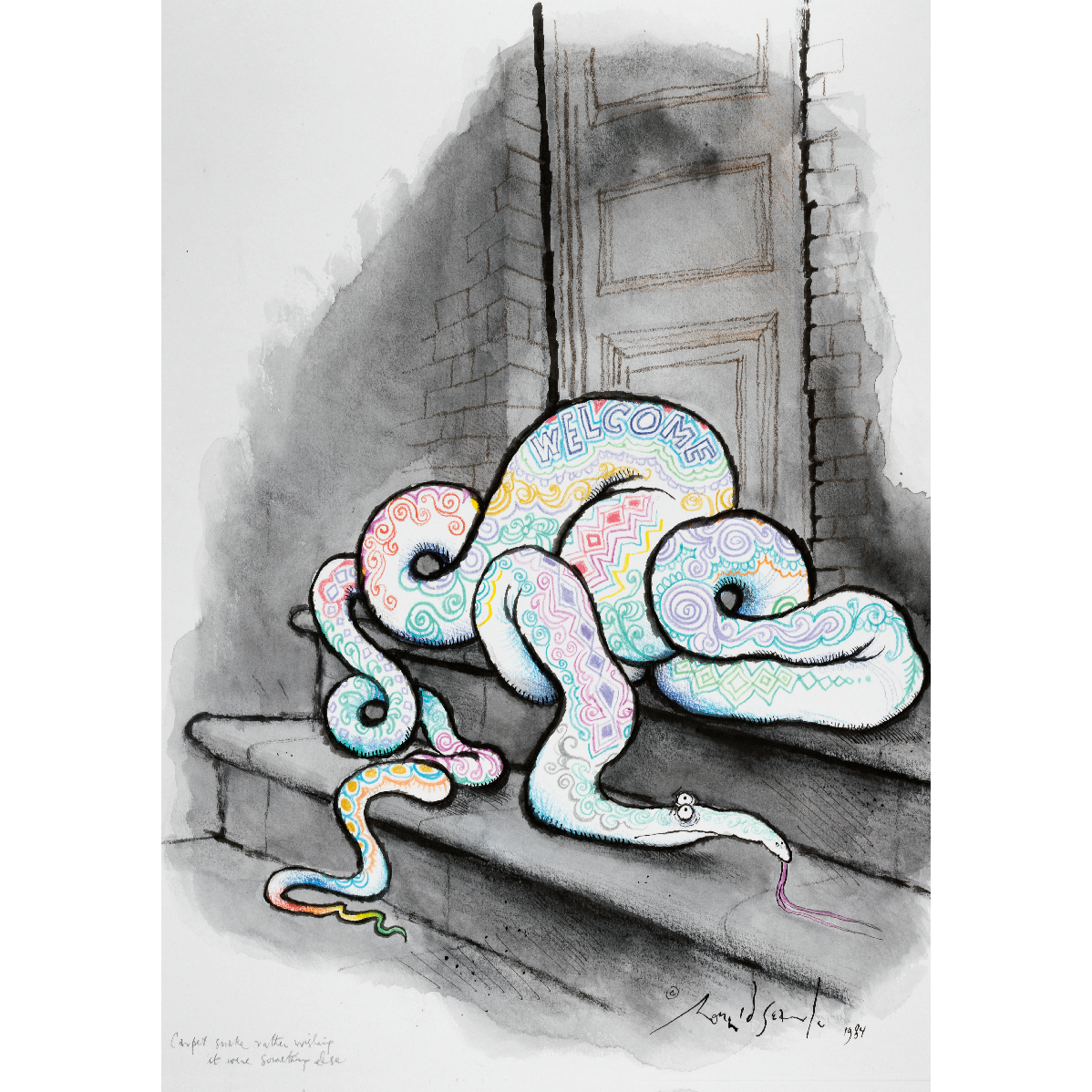 Greeting card - portrait format. Illustration with a large colourful snake, with many coils, in front of a door. The snake's back reads 'welcome.' By Ronald Searle. From the collection of The Fitzwilliam Museum, brought to you by CuratingCambridge.com