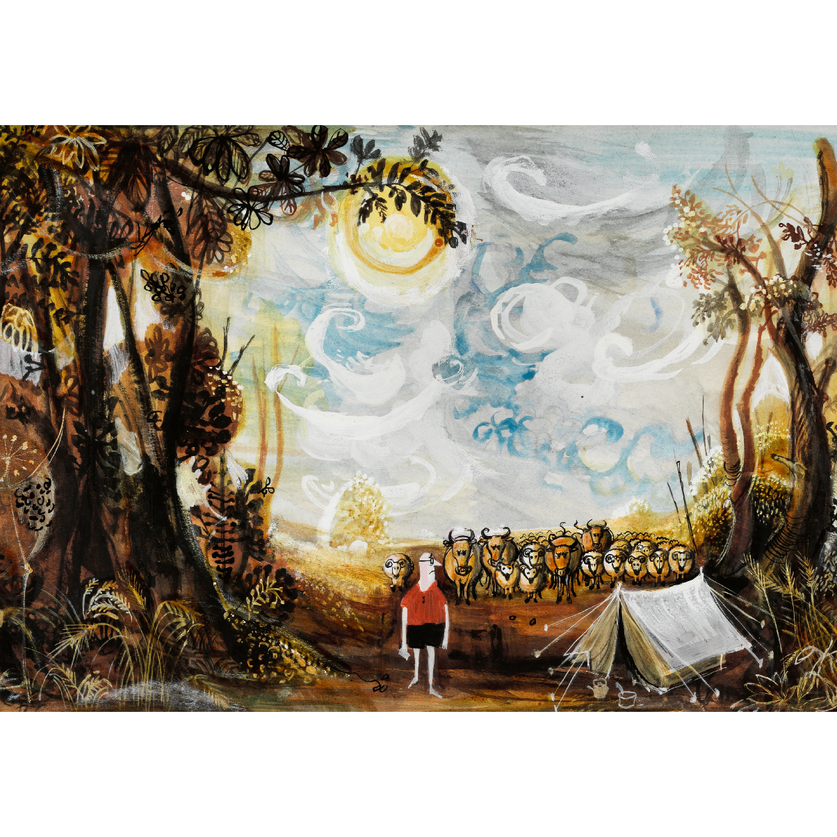 Greeting card - landscape format. Painting by Ronald Searle. A man next to a tent, amongst trees and undergrowth, with a herd of cows looking on. By Ronald Searle. From the collection of The Fitzwilliam Museum, brought to you by CuratingCambridge.com